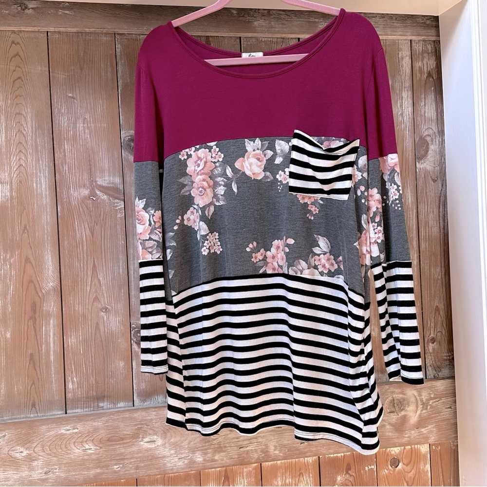 Egs by Eloges Tunic Top, burgundy, gray floral, and stripes color-block, size XL
